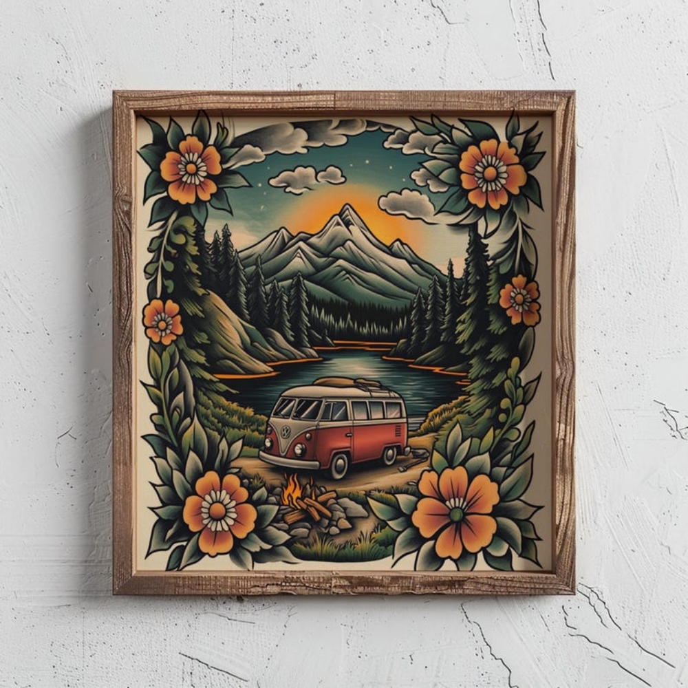 Vintage Camping & Traditional Tattoo Flash Art Print- Outdoors Nature Ink Design